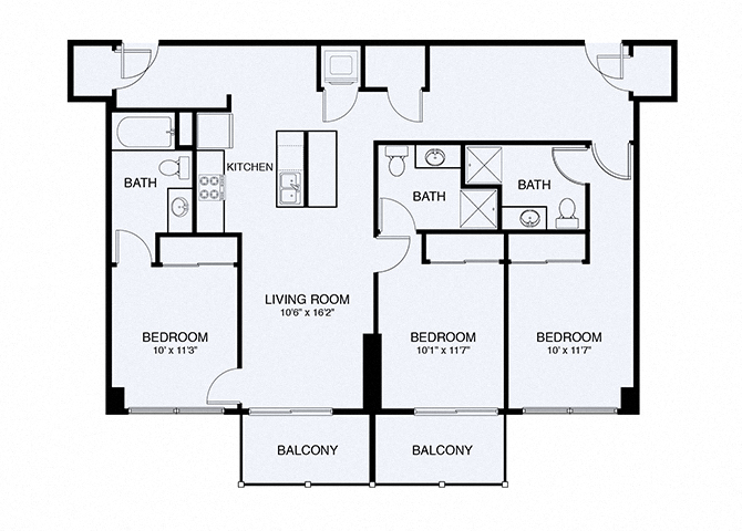 Floor plan for 3 beds, 3 baths, 1347 sqft
