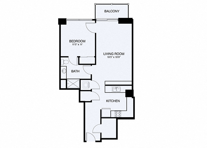 Floor plan for 1 bed, 1 bath, 785 sqft