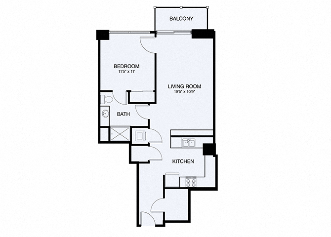 Floor plan for 1 bed, 1 bath, 785 sqft