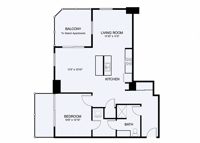 Floor plan for 1 bed, 1 bath, 898 sqft