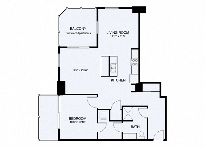 Floor plan for 1 bed, 1 bath, 898 sqft