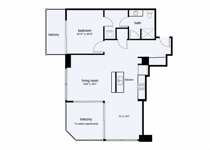 Floor plan for 1 bed, 1 bath, 947 sqft