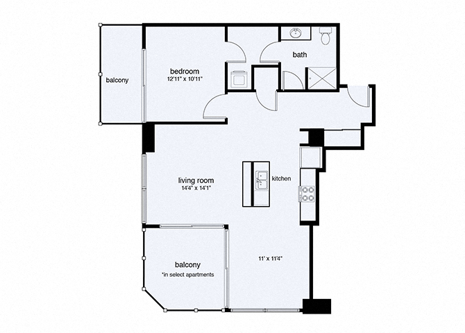Floor plan for 1 bed, 1 bath, 947 sqft