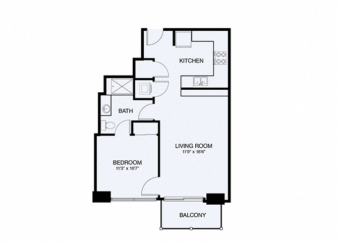 Floor plan for 1 bed, 1 bath, 678 sqft
