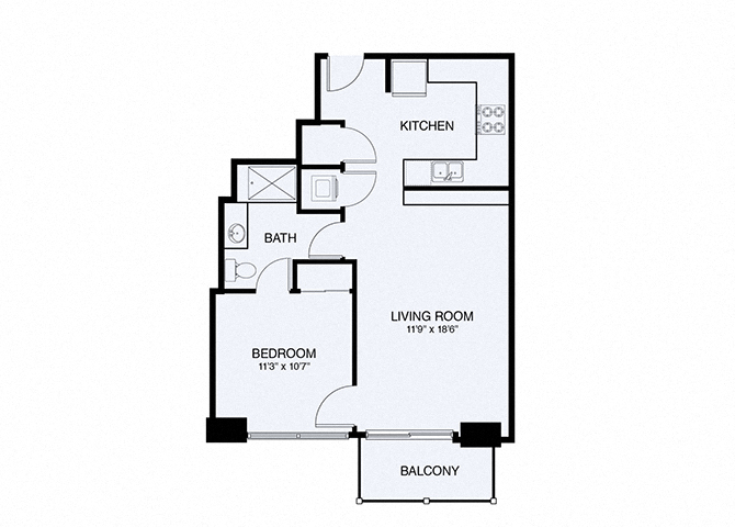 Floor plan for 1 bed, 1 bath, 678 sqft