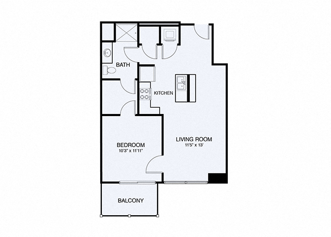 Floor plan for 1 bed, 1 bath, 694 sqft
