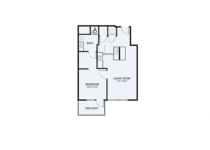 Floor plan for 1 bed, 1 bath, 694 sqft