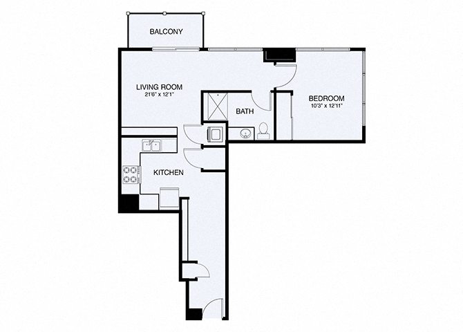 Floor plan for 1 bed, 1 bath, 754 sqft