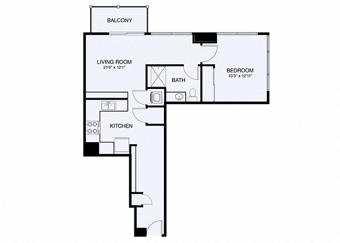 Floor plan for 1 bed, 1 bath, 754 sqft