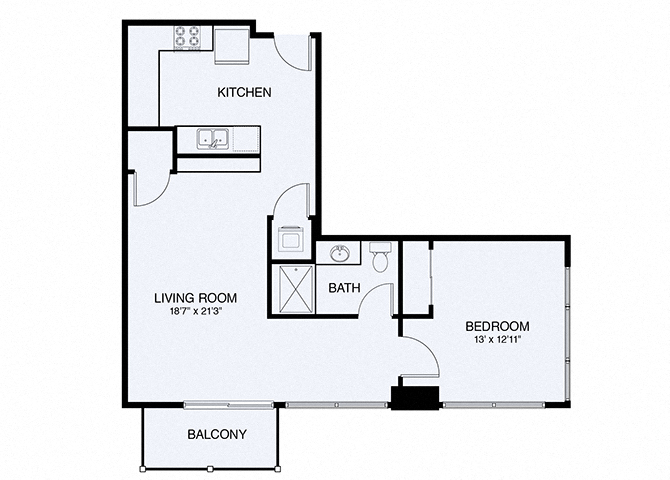 Floor plan for 1 bed, 1 bath, 770 sqft