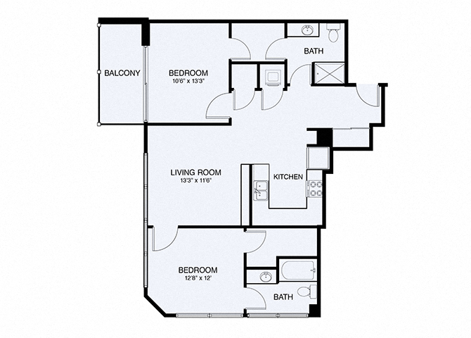 Floor plan for 2 beds, 2 baths, 1029 sqft