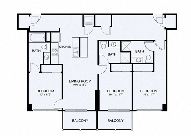 Floor plan for 3 beds, 3 baths, 1347 sqft