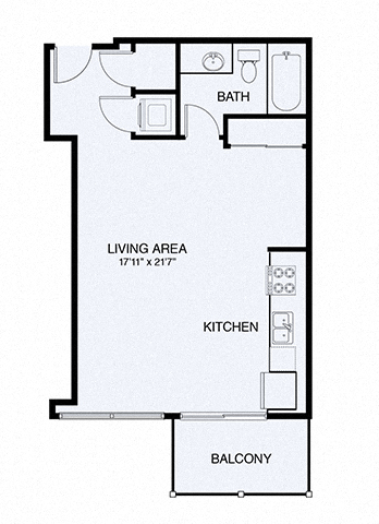 Floor plan for studio, 1 bath, 587 sqft