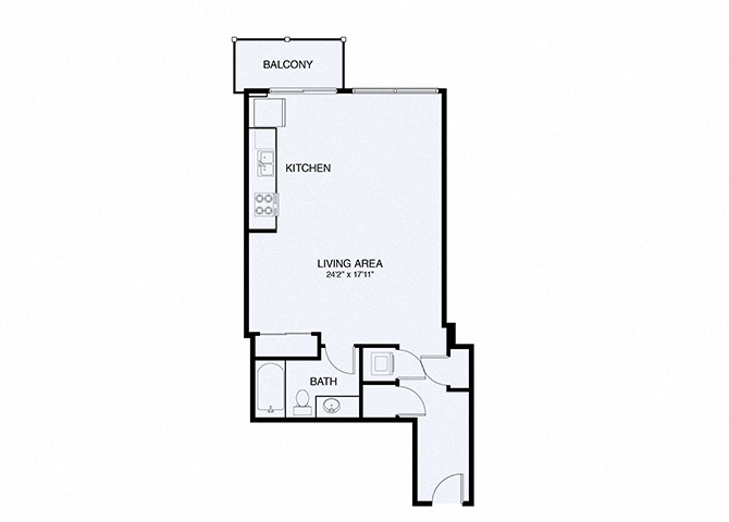 Floor plan for studio, 1 bath, 664 sqft