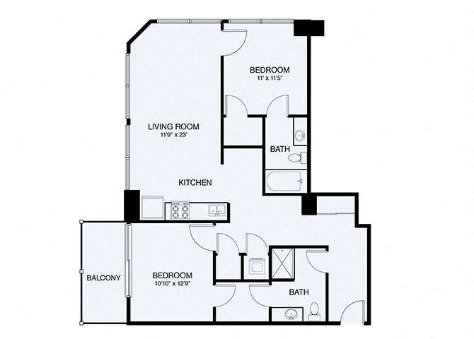 Floor plan for 2 beds, 2 baths, 1078 sqft