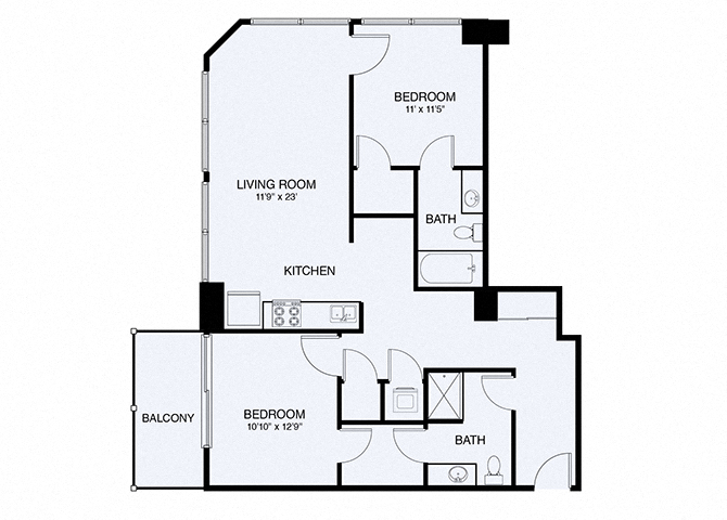 Floor plan for 2 beds, 2 baths, 1078 sqft