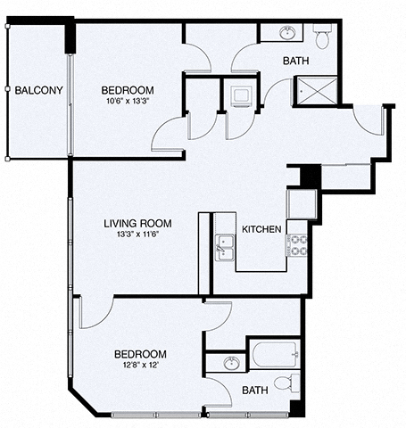 Floor plan for 2 beds, 2 baths, 1029 sqft