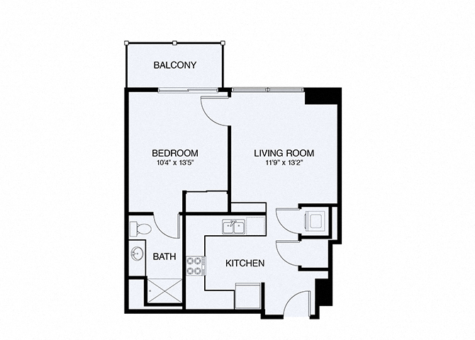 Floor plan for 1 bed, 1 bath, 593 sqft