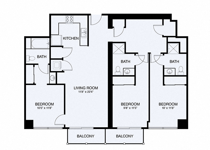 Floor plan for 3 beds, 3 baths, 1382 sqft