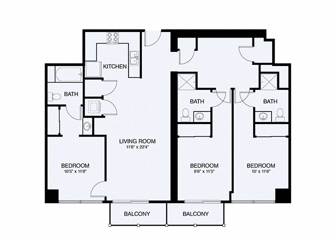 Floor plan for 3 beds, 3 baths, 1382 sqft