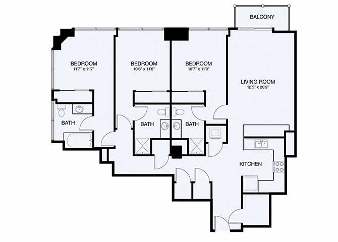 Floor plan for 3 beds, 3 baths, 1510 sqft