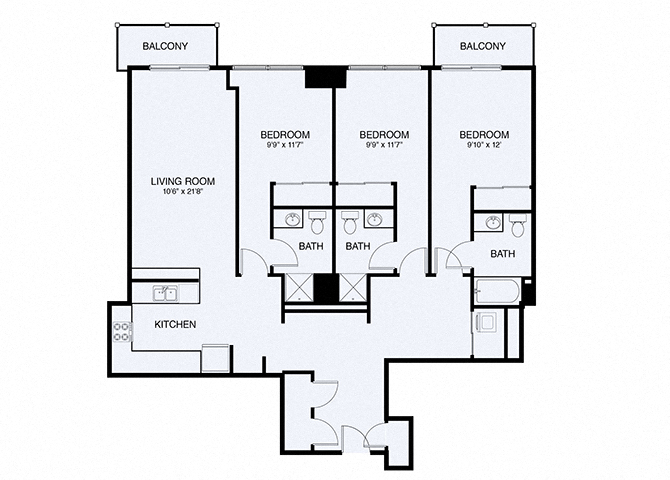 Floor plan for 3 beds, 3 baths, 1421 sqft