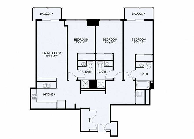 Floor plan for 3 beds, 3 baths, 1480 sqft
