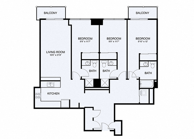Floor plan for 3 beds, 3 baths, 1480 sqft