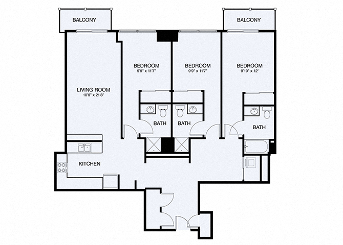 Floor plan for 3 beds, 3 baths, 1421 sqft