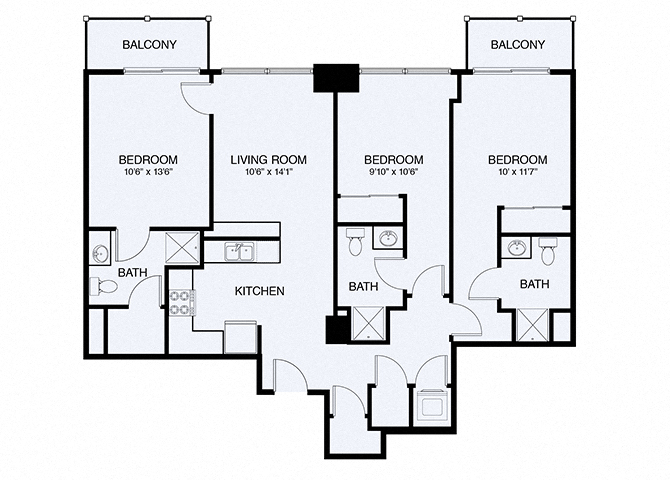 Floor plan for 3 beds, 3 baths, 1189 sqft