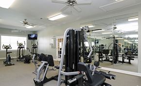 Garner apartment for rent - a gym with various exercise equipment and a ceiling fan