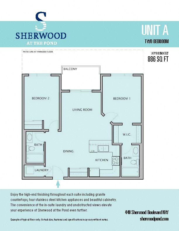 Floor plan for 2 beds, 2 baths, 886 sqft