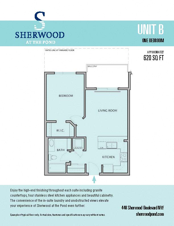 Floor plan for 1 bed, 1 bath, 619 sqft