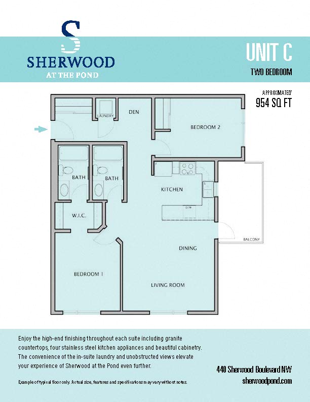 Floor plan for 2 beds, 2 baths, 954 sqft