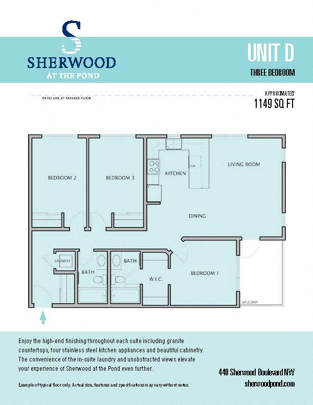 Floor plan for 3 beds, 2 baths, 1149 sqft
