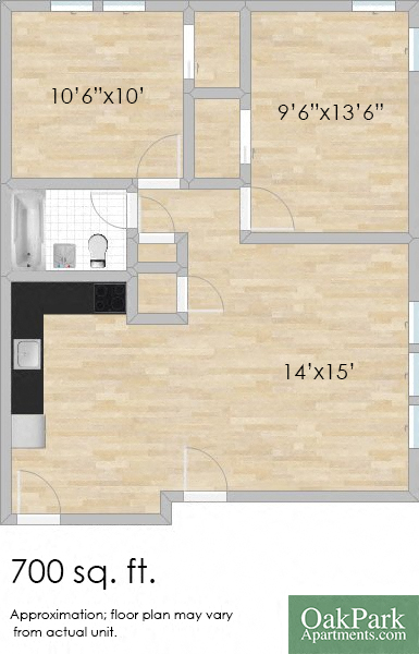 Floor plan for 2 beds, 1 bath, 700 sqft