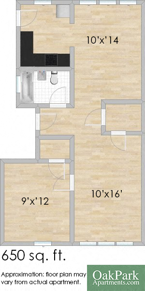 Floor plan for 1 bed, 1 bath, 650 sqft