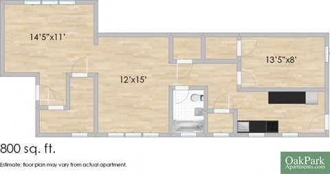 Floor plan for 1 bed, 1 bath, 800 sqft