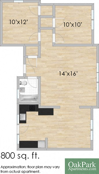 Floor plan for 2 beds, 1 bath, 800 sqft
