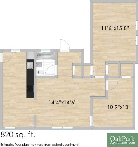 Floor plan for 2 beds, 1 bath, 820 sqft