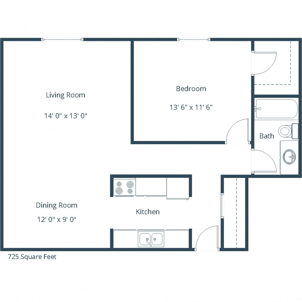 Floor plan for 1 bed, 1 bath, 725 sqft