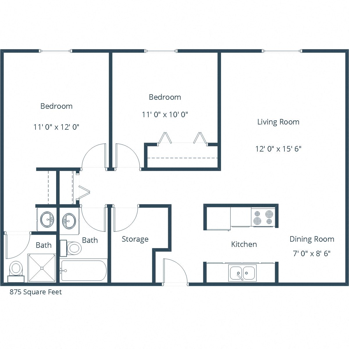 Floor plan for 2 beds, 1.8 baths, 840 sqft