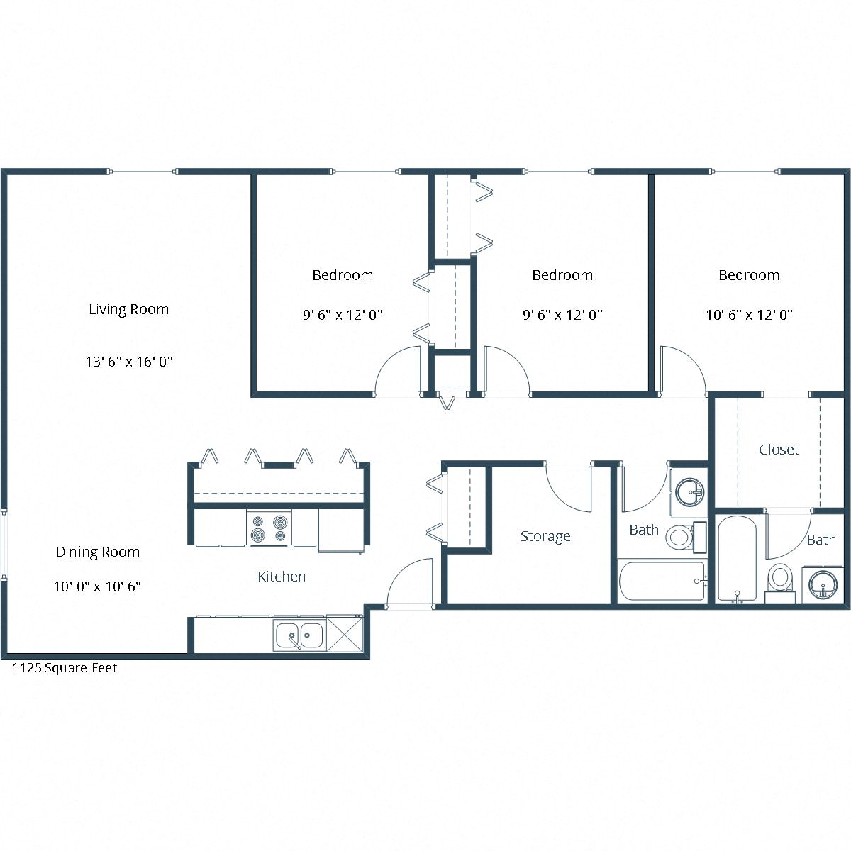 Floor plan for 3 beds, 2 baths, 1125 sqft