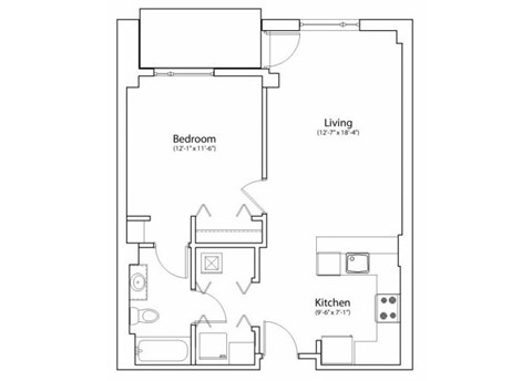 Floor plan for 1 bed, 1 bath, 723 sqft