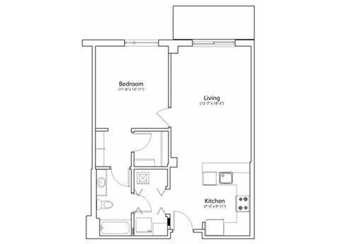 Floor plan for 1 bed, 1 bath, 770 sqft