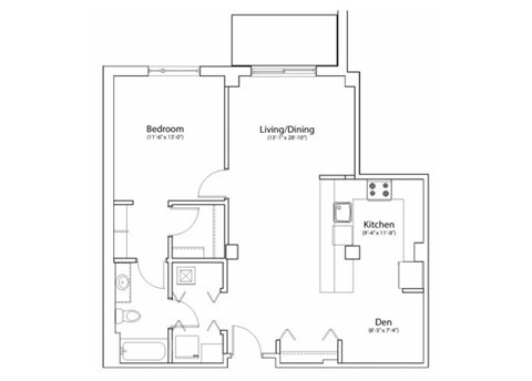 Floor plan for 1 bed, 1 bath, 924 sqft