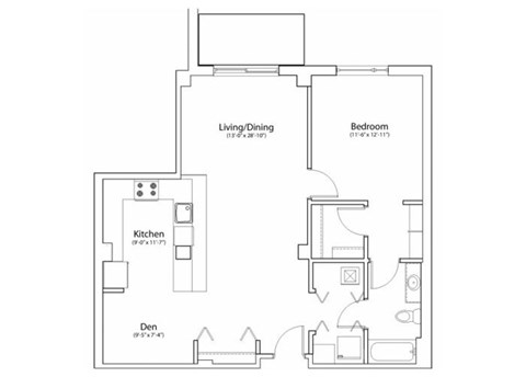 Floor plan for 1 bed, 1 bath, 942 sqft