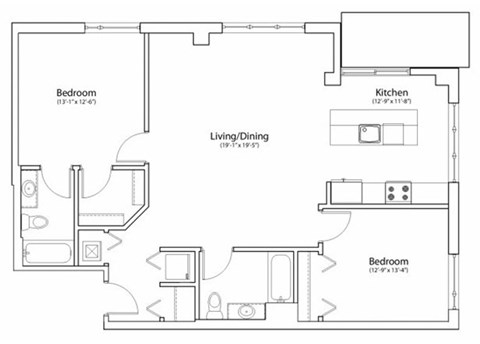 Floor plan for 2 beds, 2 baths, 1159 sqft