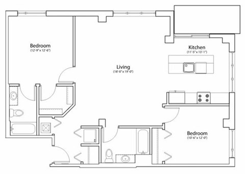 Floor plan for 2 beds, 2 baths, 1167 sqft