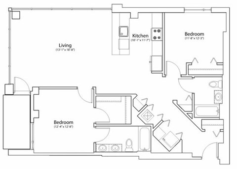 Floor plan for 2 beds, 2 baths, 1225 sqft